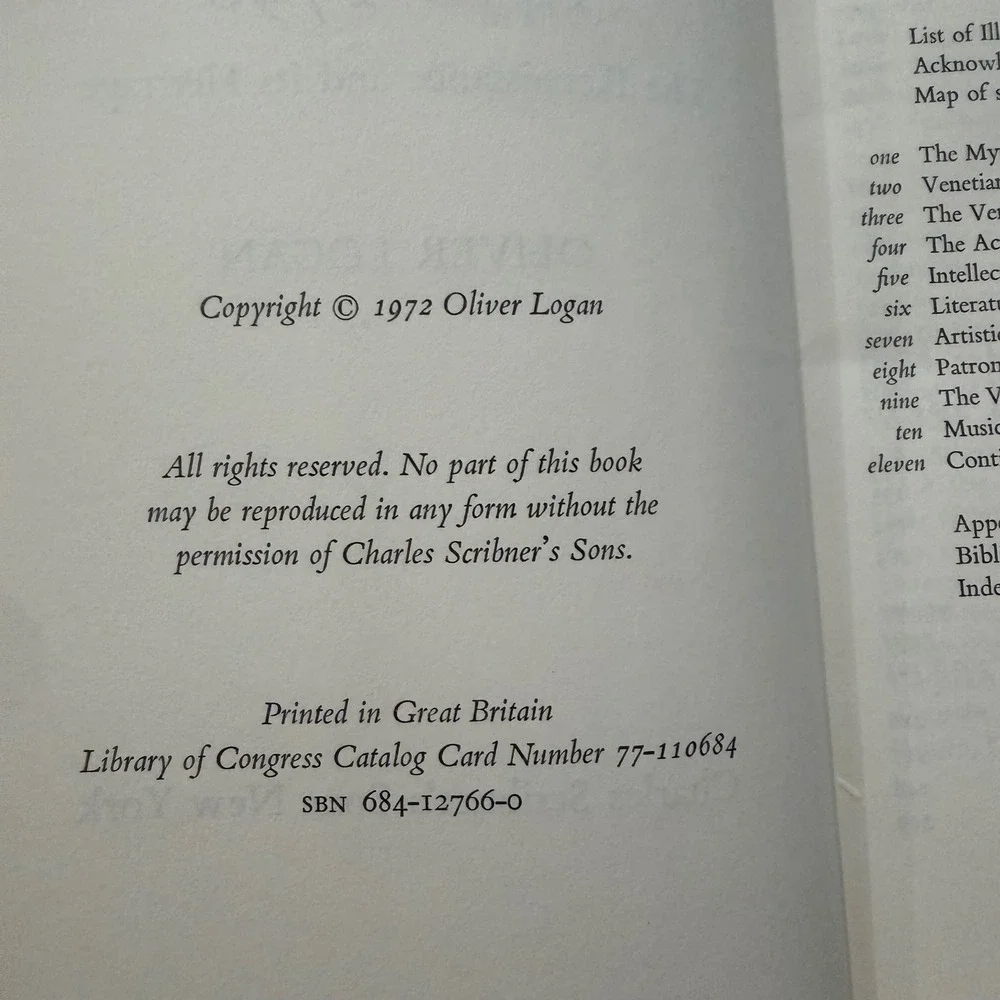 Culture‎ and Society in Venice 1470-1790 Oliver Logan 1972 Vintage History Book